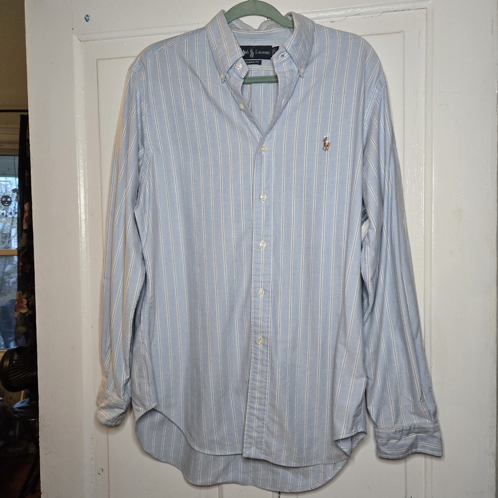 Polo Ralph Lauren Shirt Mens 16 32/33 Classic Striped Oxford Flesh Pony Preppy